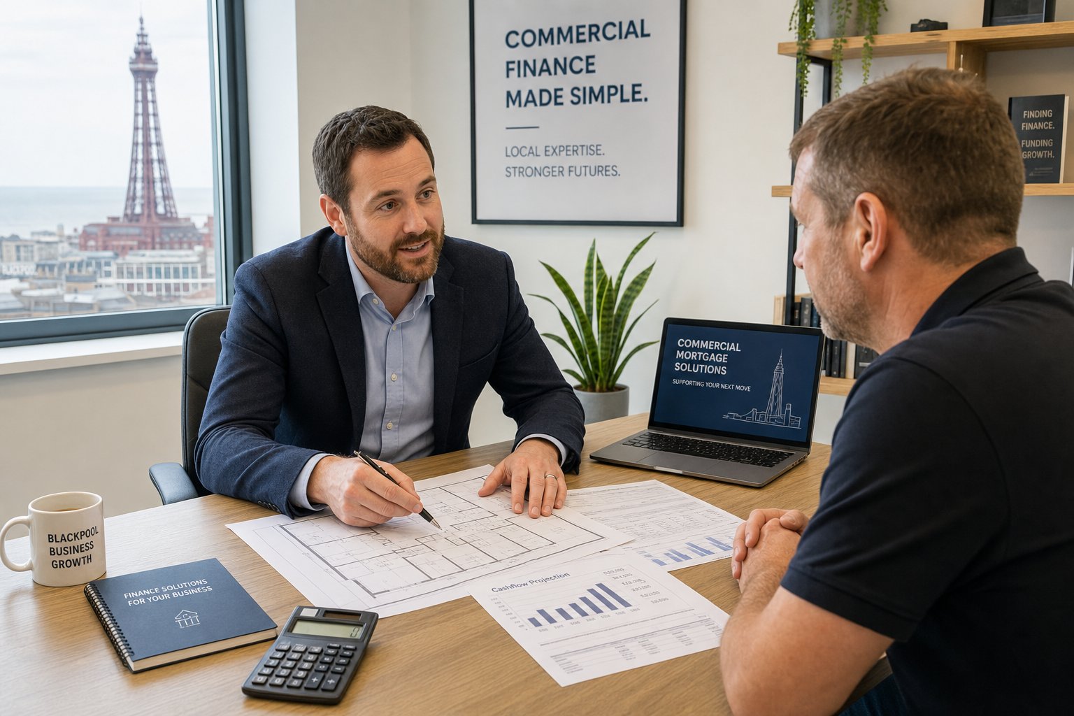 Commercial Mortgage Brokers Blackpool for Purchase and Refinance 8 Broker and business owner reviewing commercial property finance documents in a bright office.