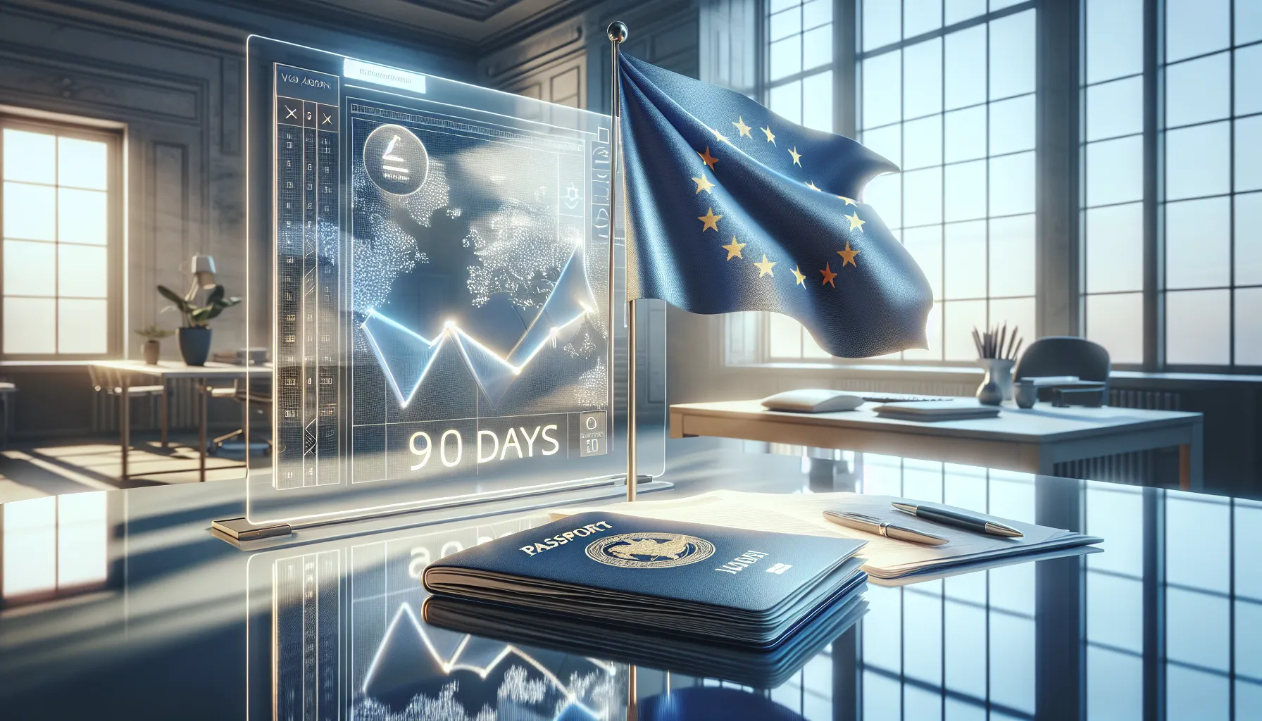 EU flag with passport, documents and digital calendar showing 90-day visa period