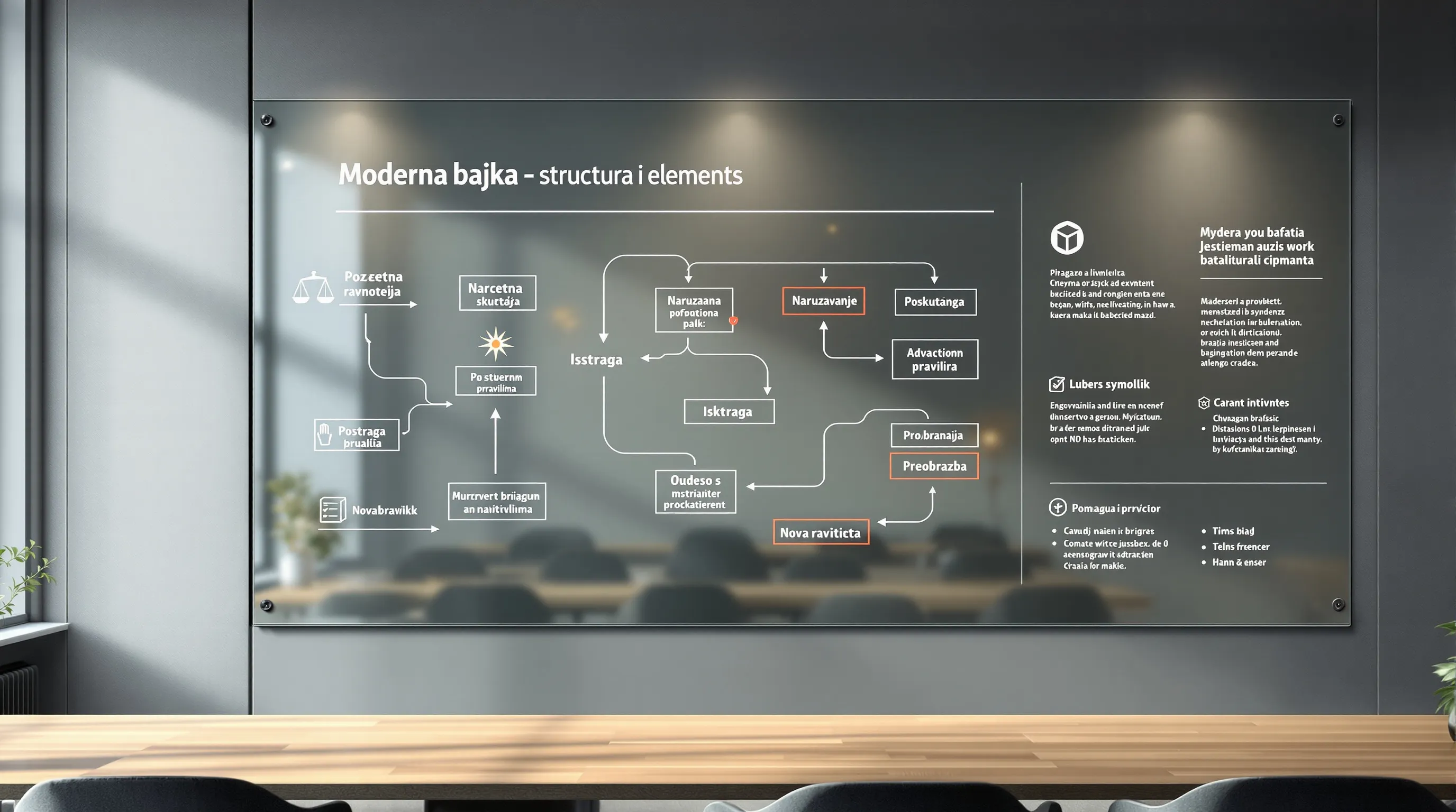Team mapping modern fairy tale structure on a glass board in Croatia.