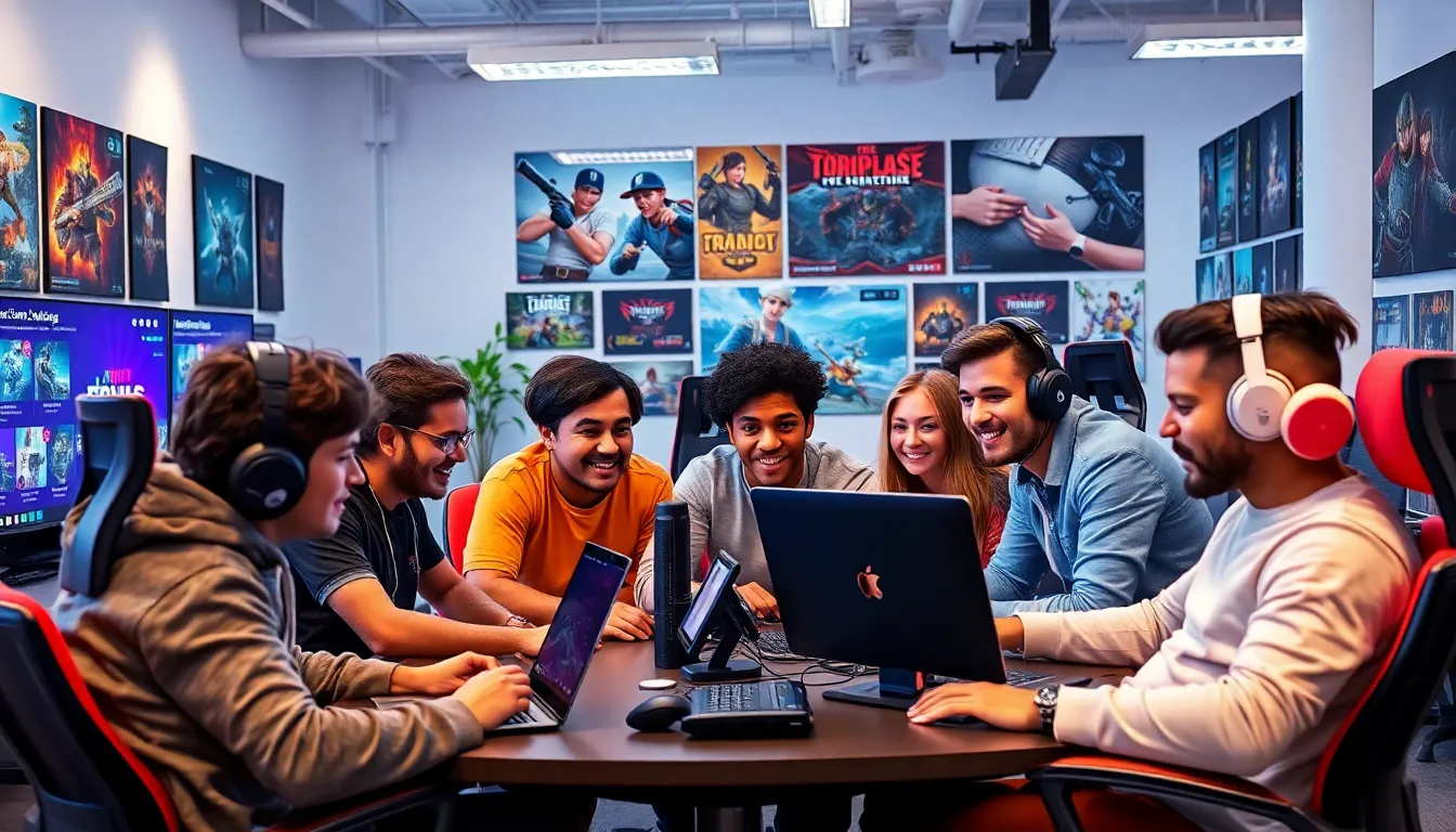 diverse gamers collaborating in a modern, vibrant workspace.