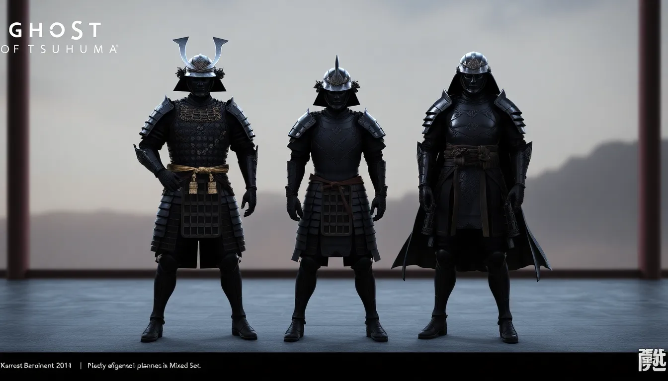 three types of armor from Ghost of Tsushima displayed against a modern backdrop.