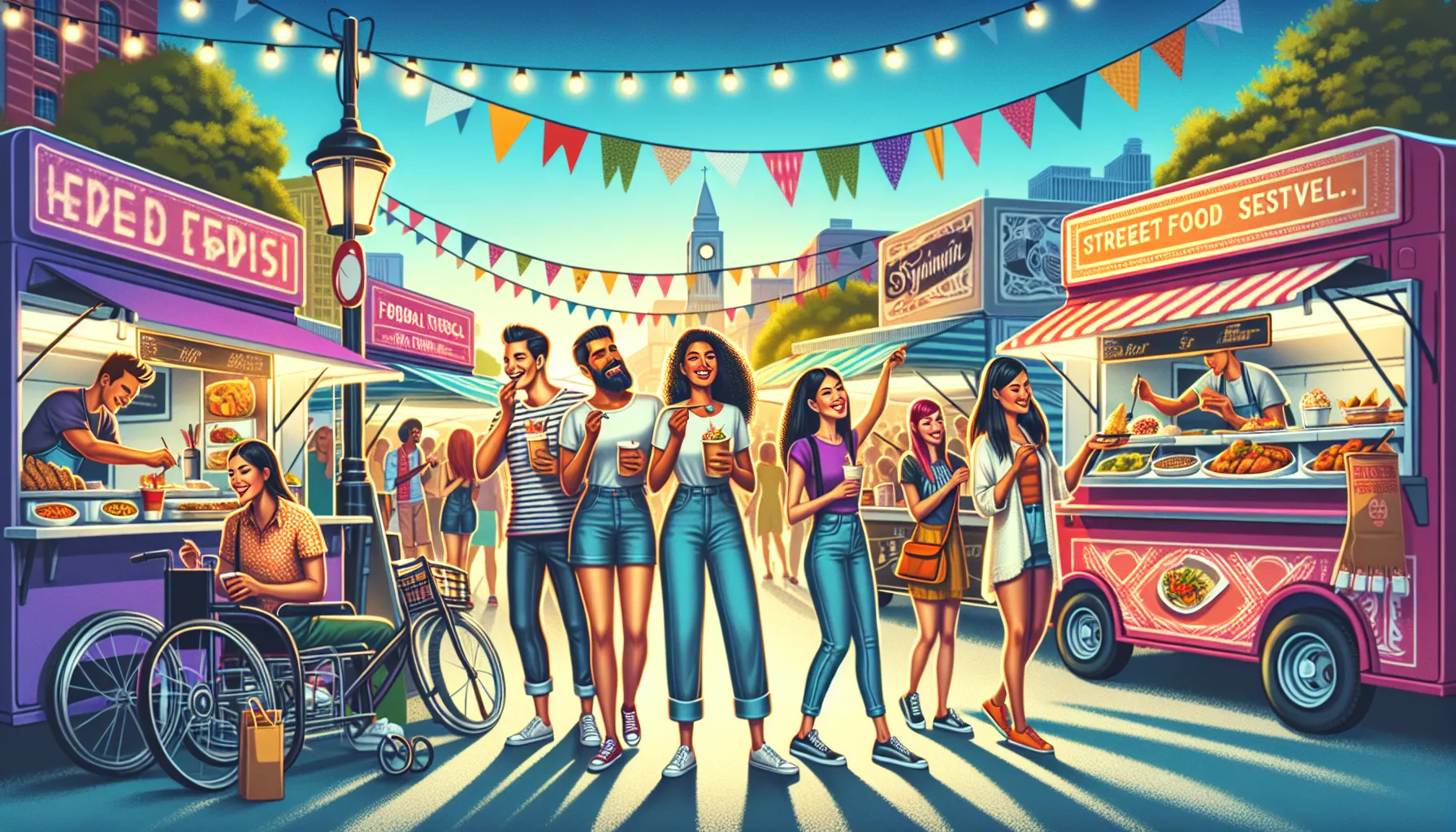 diverse people enjoying food from vibrant food trucks at a festival.