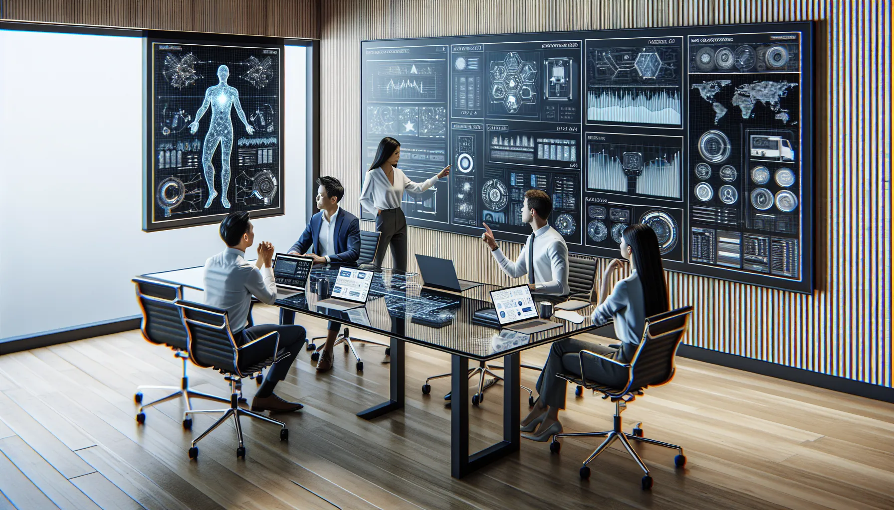 diverse team discussing data analysis in a modern office.