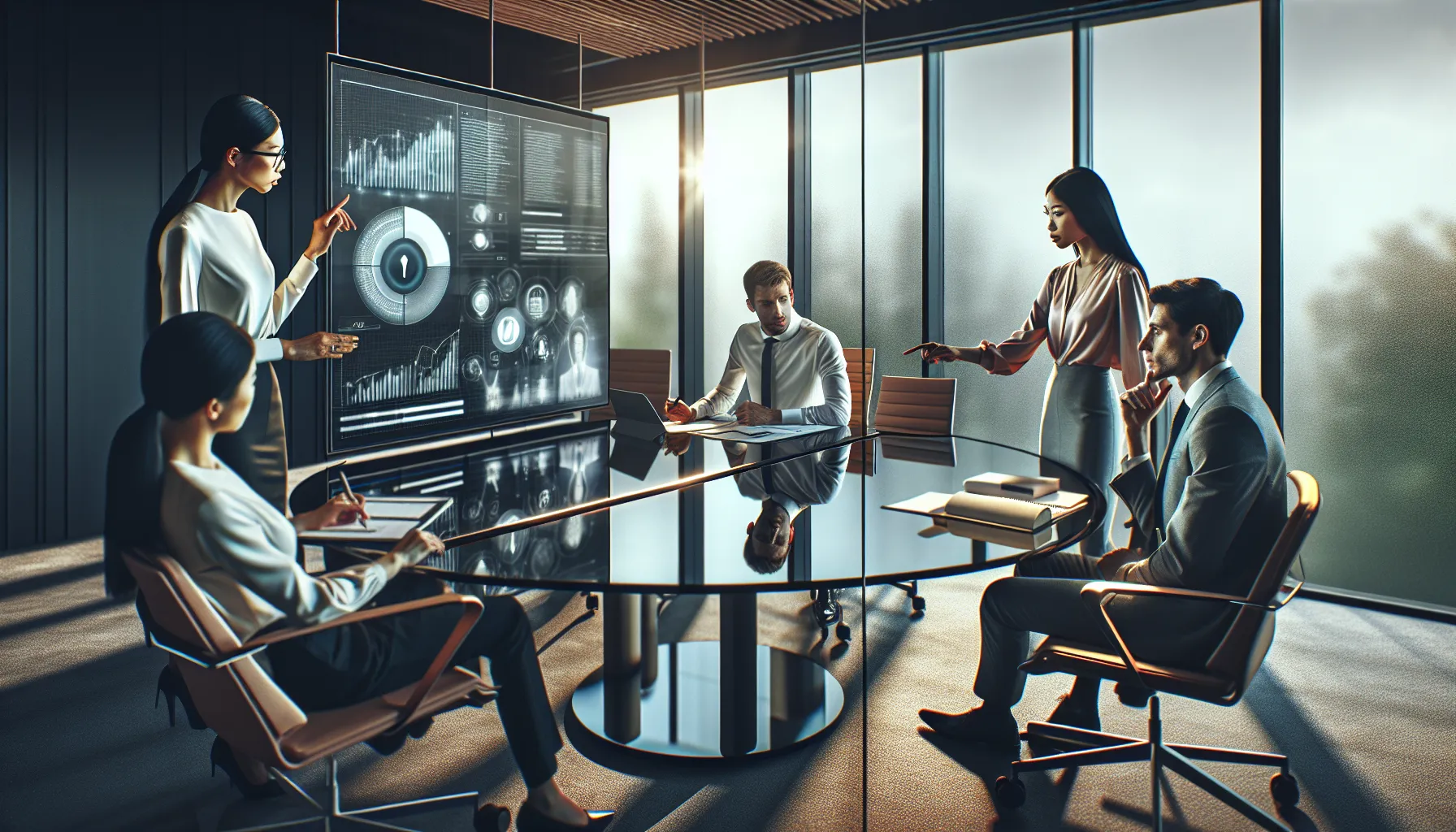 diverse team discussing online challenges in a modern conference room.