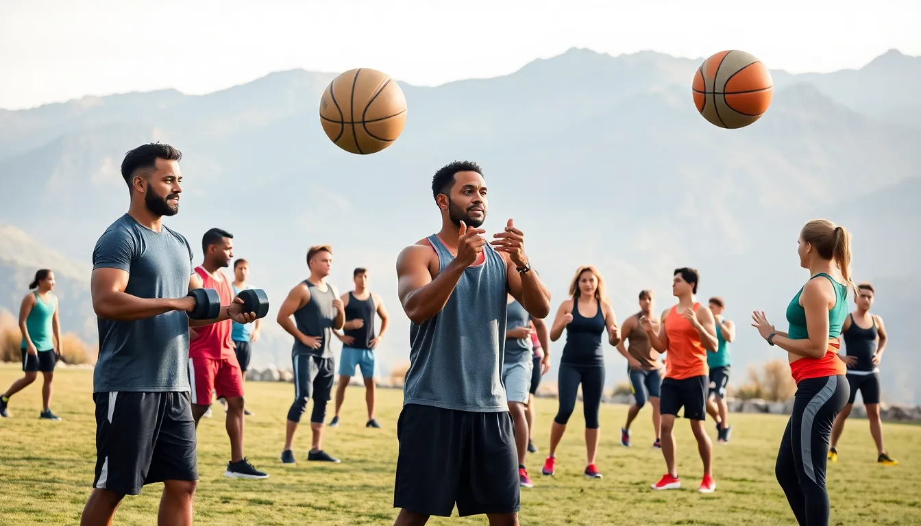 diverse athletes training together in a scenic outdoor camp.