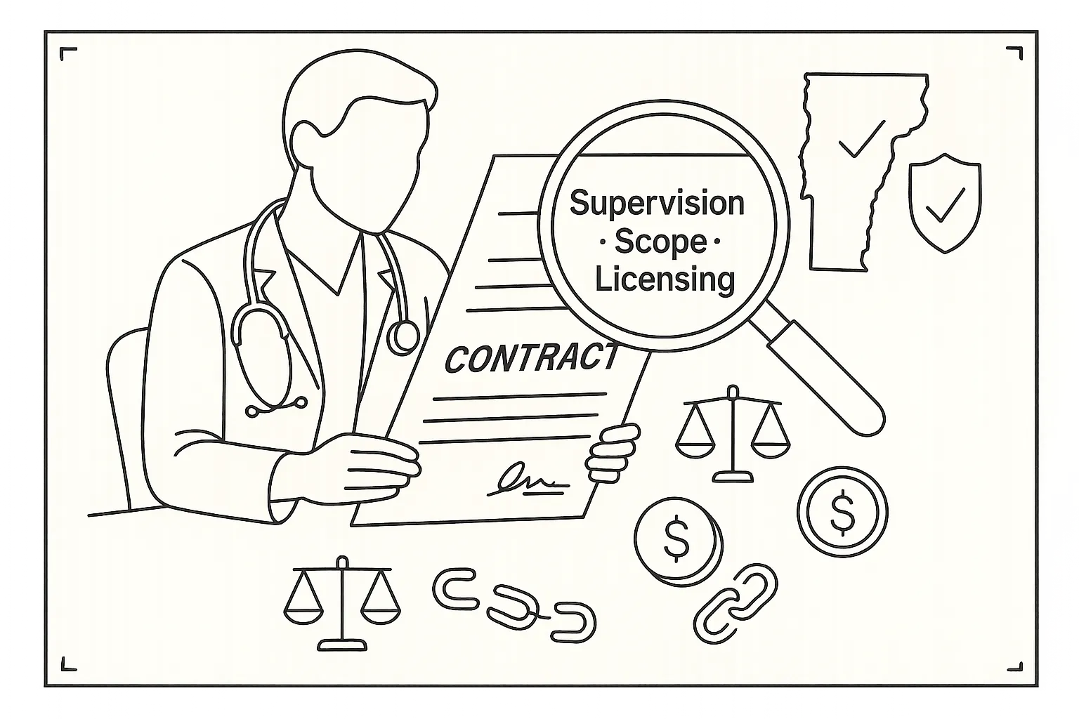 PA reviewing a contract with Vermont outline and icons for legal, pay, and covenants of Vermont Physician Assistant Contract Review.