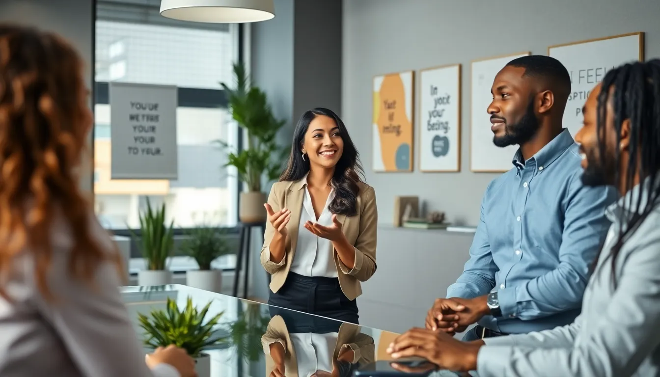 diverse team engaging in a supportive discussion in a modern office.