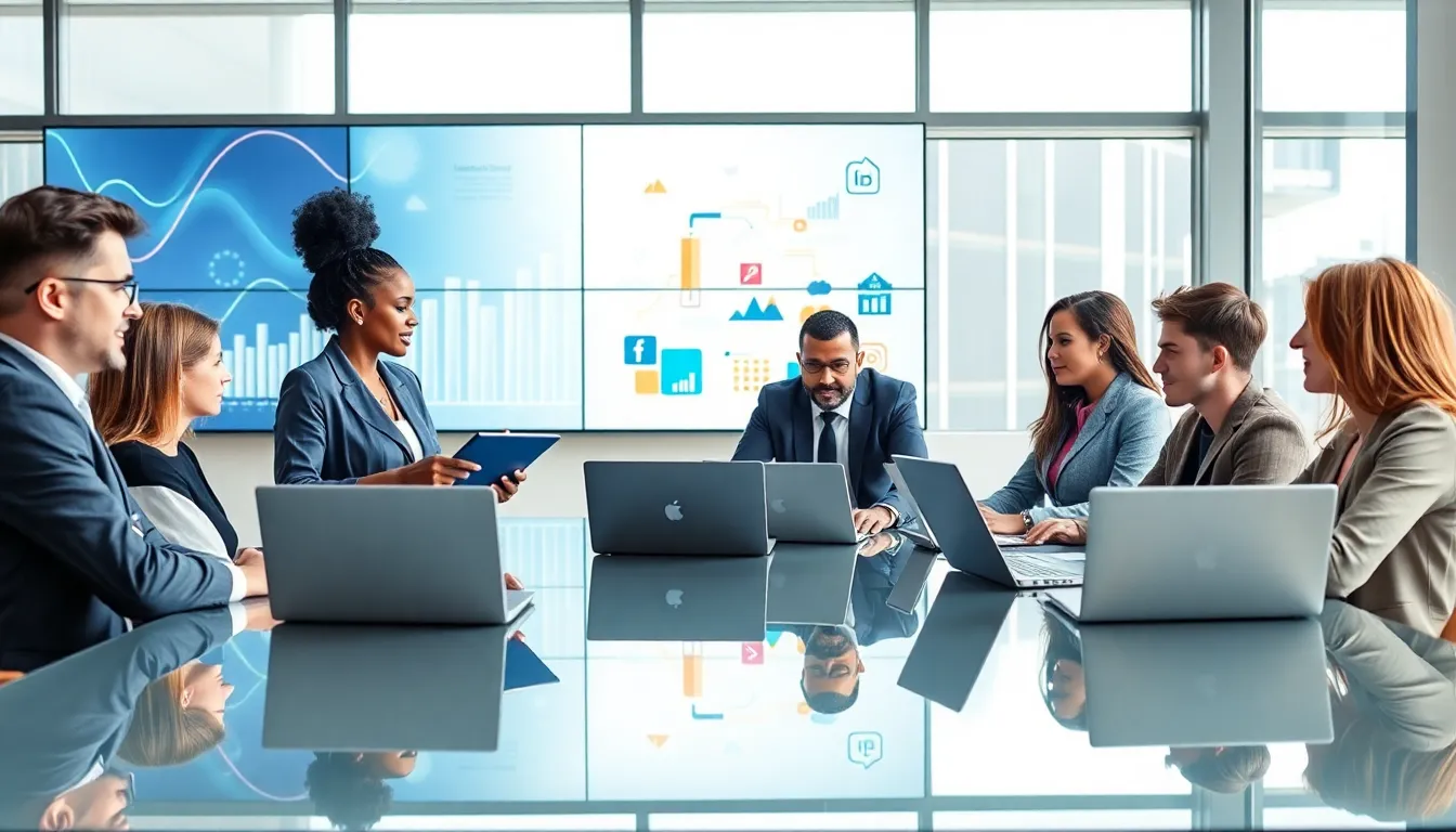 diverse professionals collaborating in a modern workspace on digital marketing strategies.
