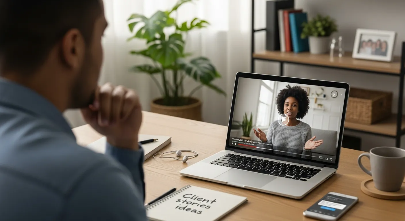 Professional watching an authentic client video testimonial on a laptop in a home office.