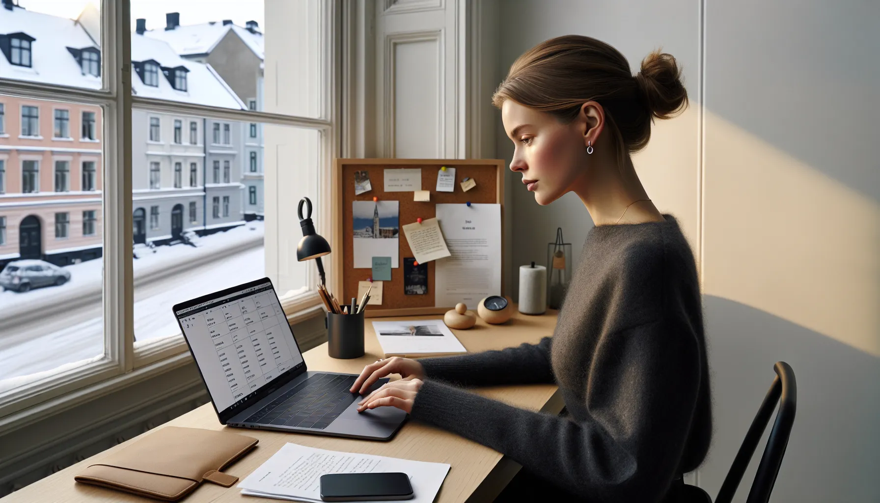 Norwegian student comparing master’s options with laptop, notes, and passport.