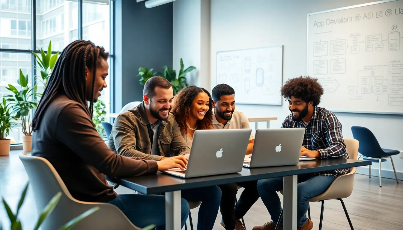diverse team of app developers collaborating in a modern Denver office.