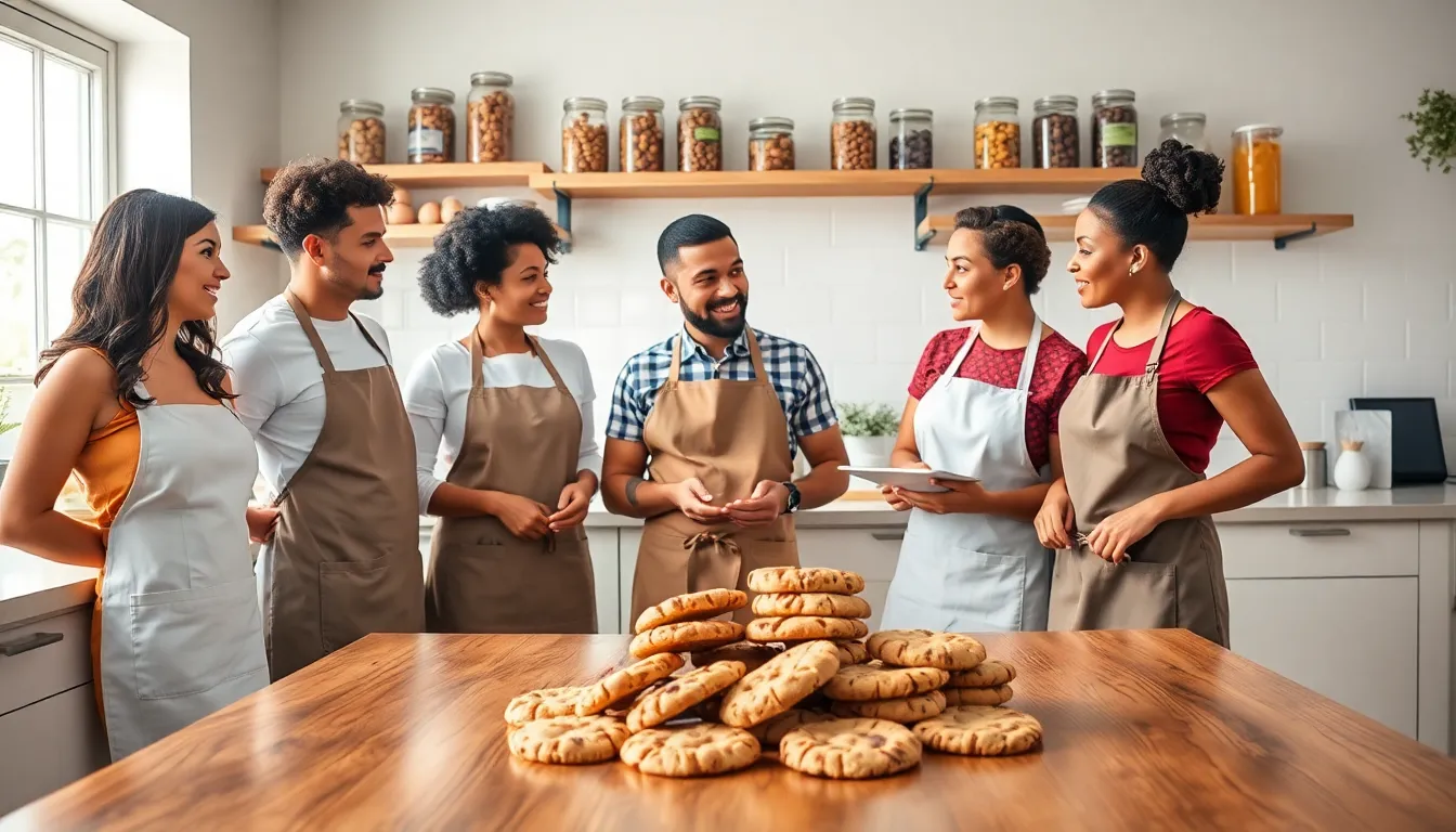 diverse bakers collaborating in a cozy kitchen creating cookies.