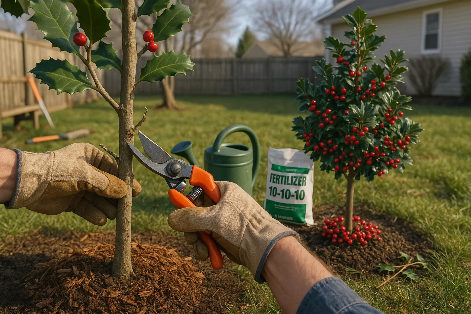 Gardener pruning two holly varieties with mulch, fertilizer bag, and watering can.