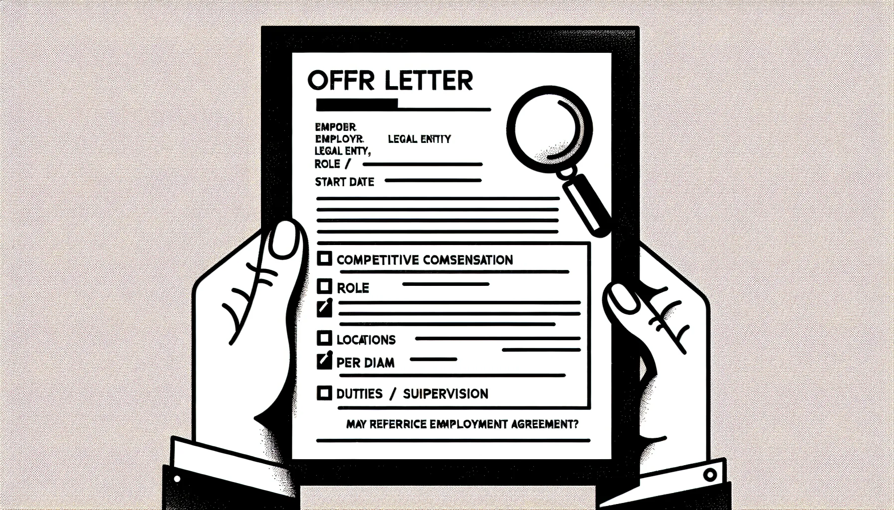 Hand holding a dental offer letter with magnifying glass highlighting ambiguous terms of Dental Associate Offer Letters.