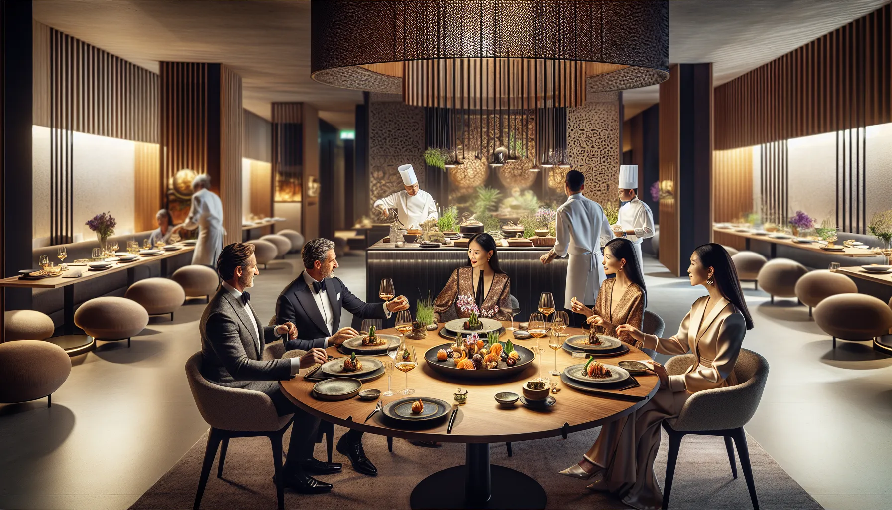 diverse diners enjoying an interactive food experience in a modern restaurant.