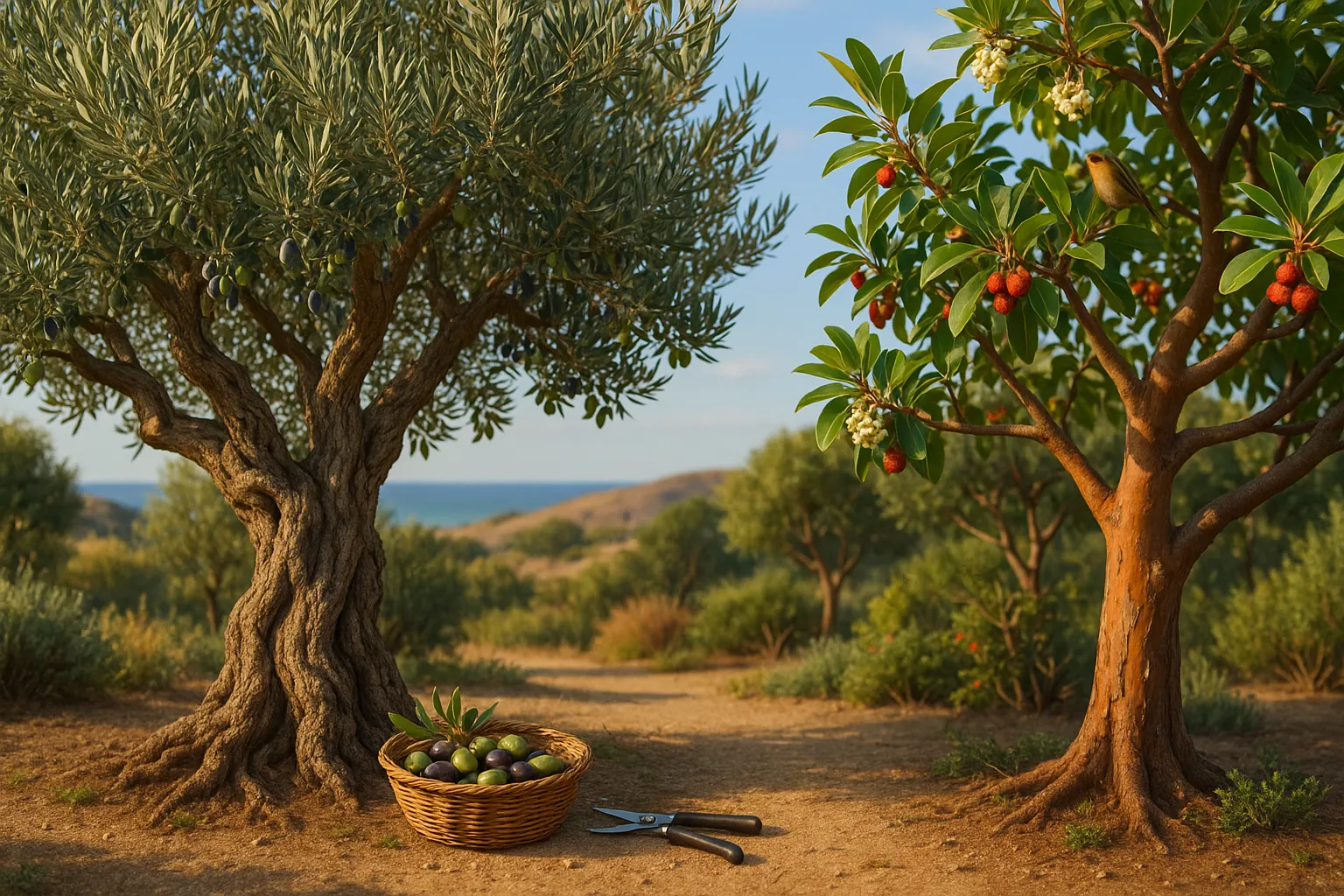 olive tree with olives beside an arbutus with peeling bark and red fruit