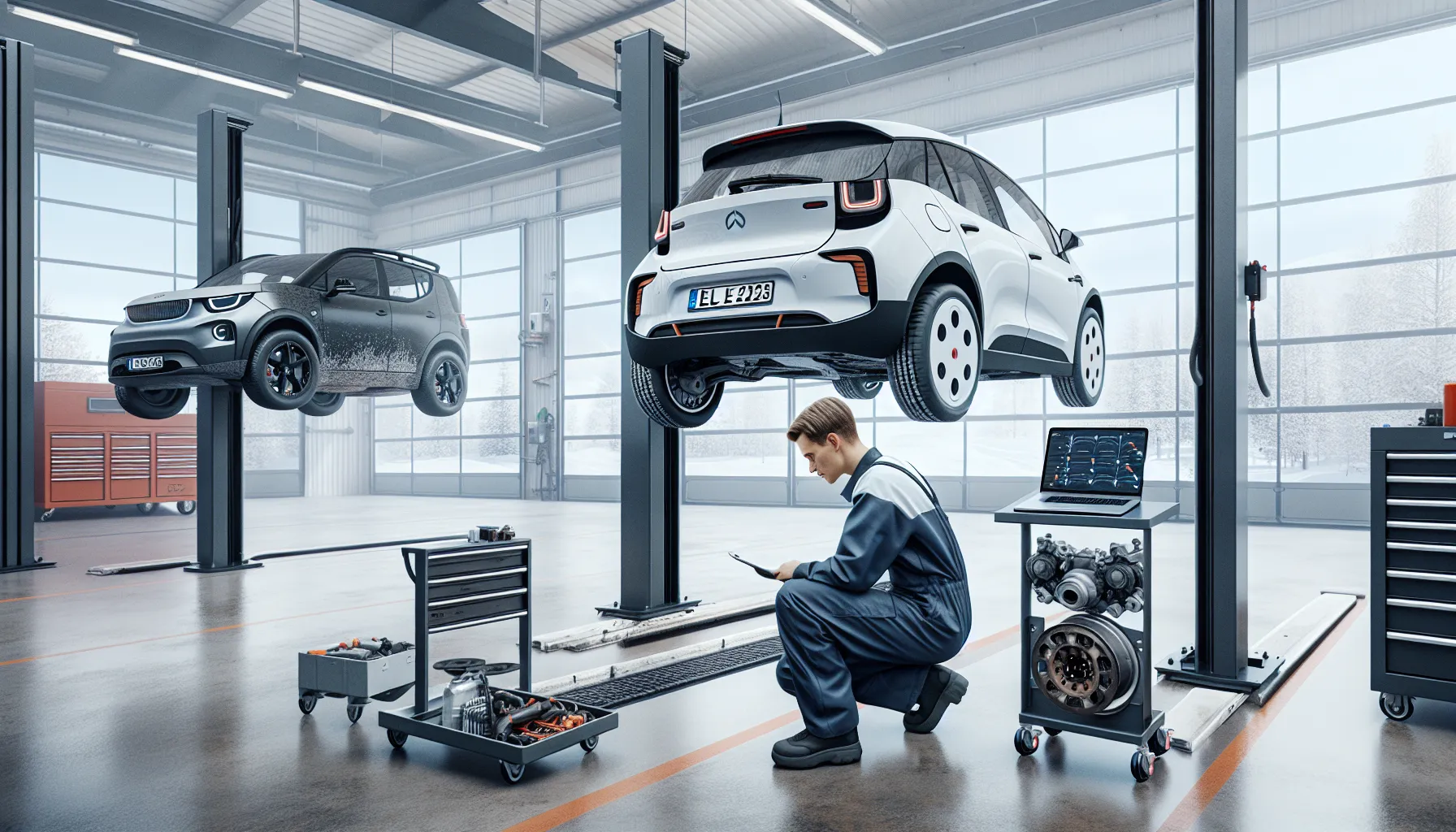 Mechanics service an electric car and a fossil-fuel car in a norwegian workshop.
