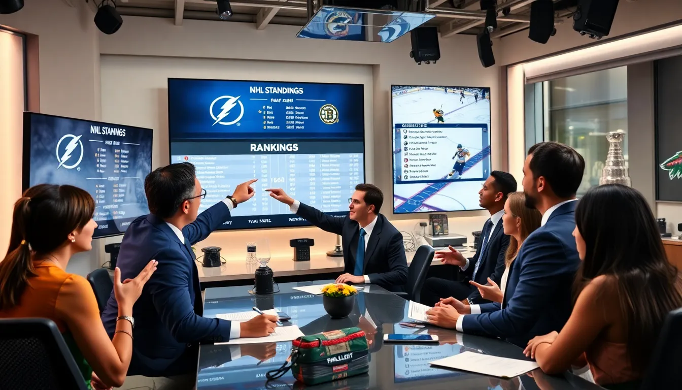 diverse team analyzing NHL standings in a modern sports newsroom.
