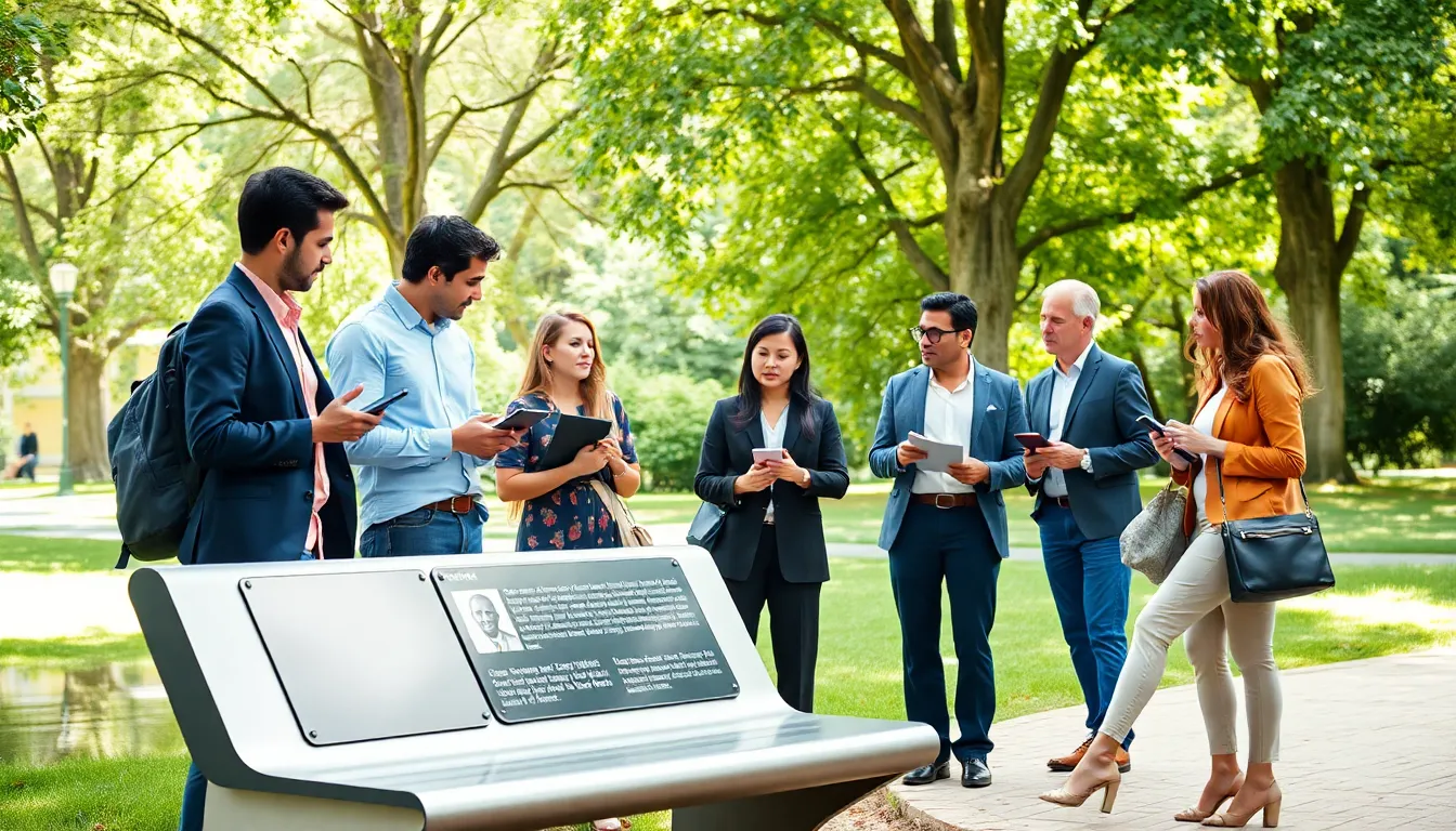 professionals discussing historical stories in a park setting.