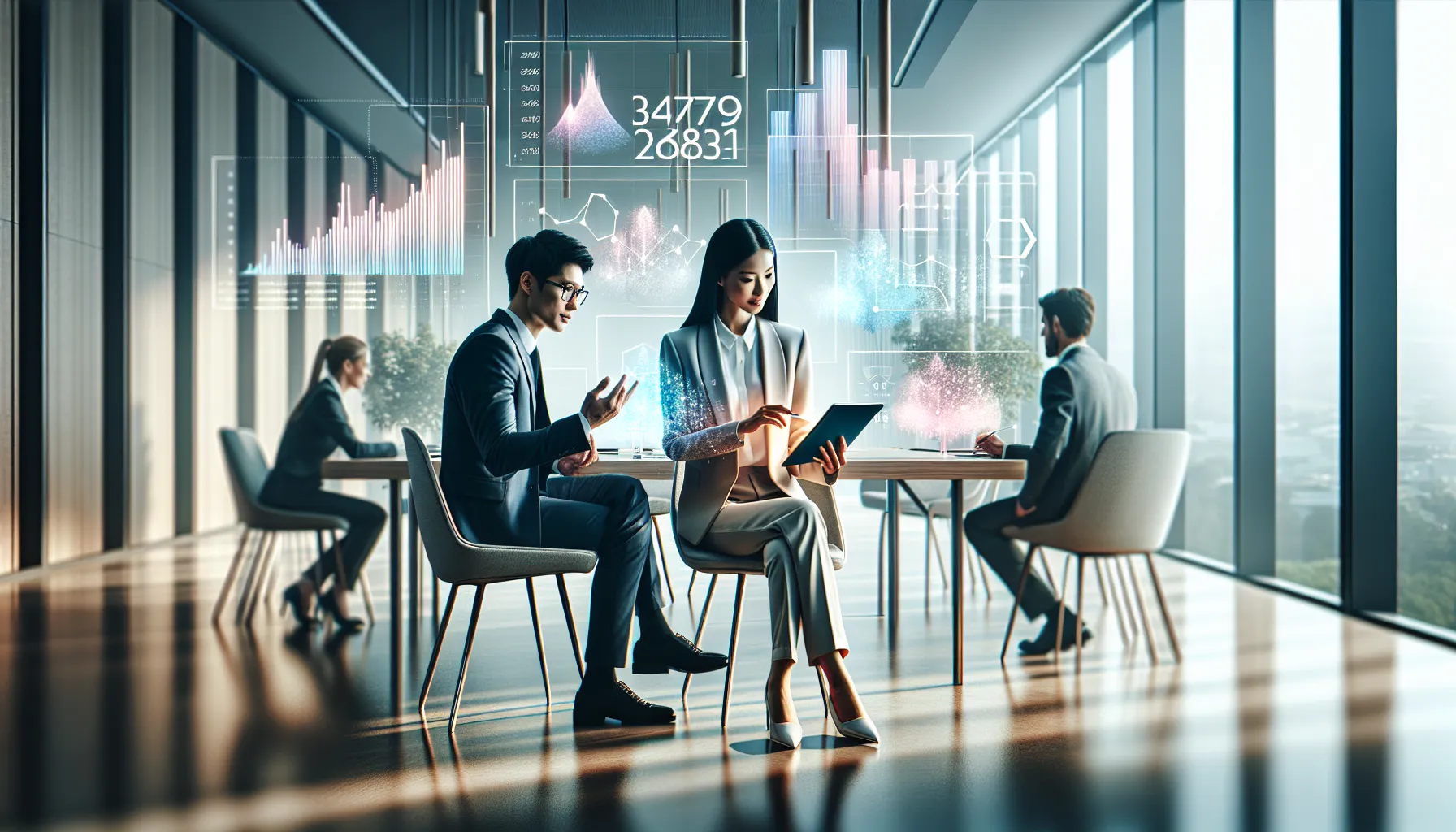 professionals discussing numbers in a modern office setting.