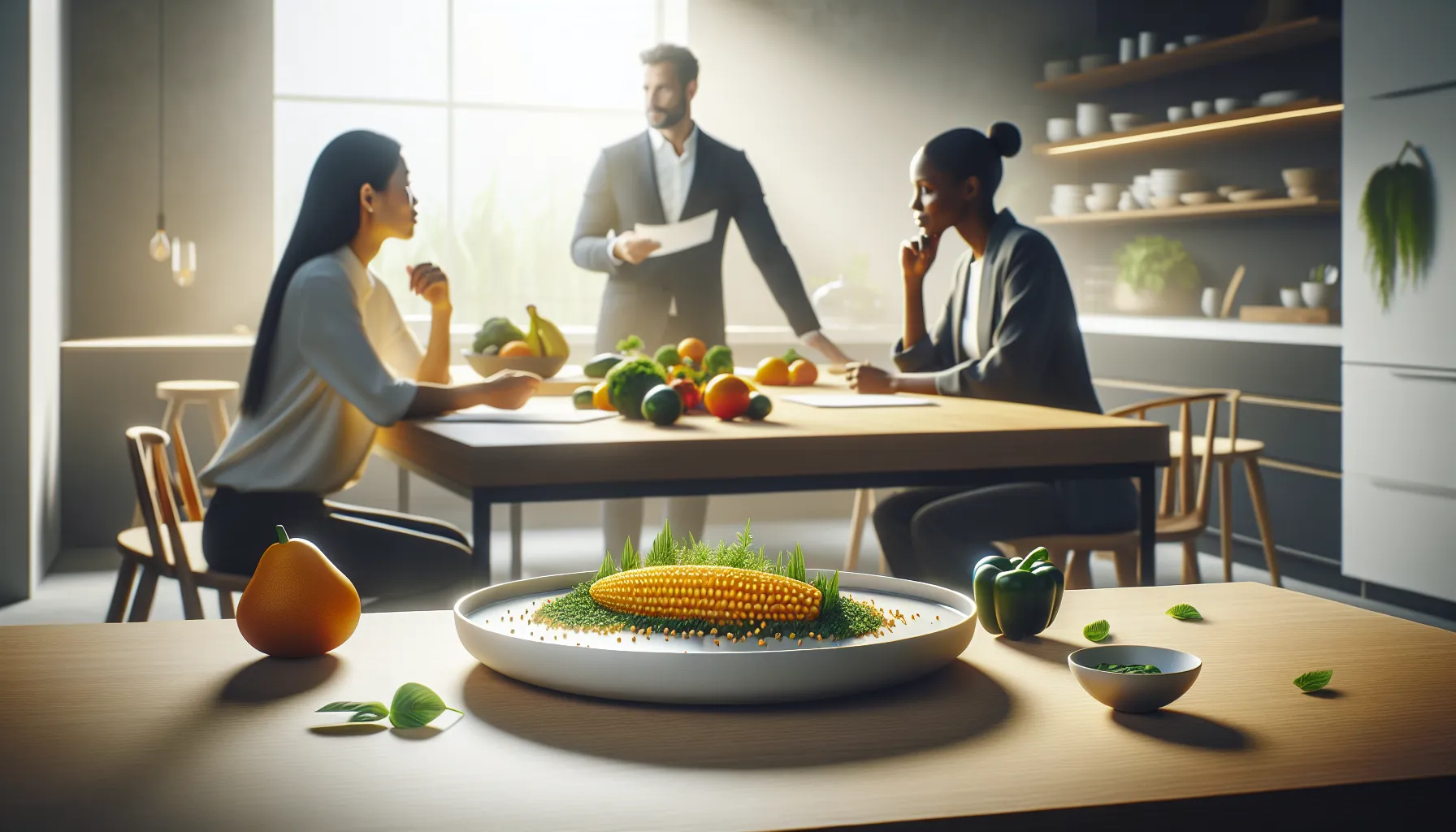 Tudiocaq and diverse professionals discussing nutrition in a modern kitchen.