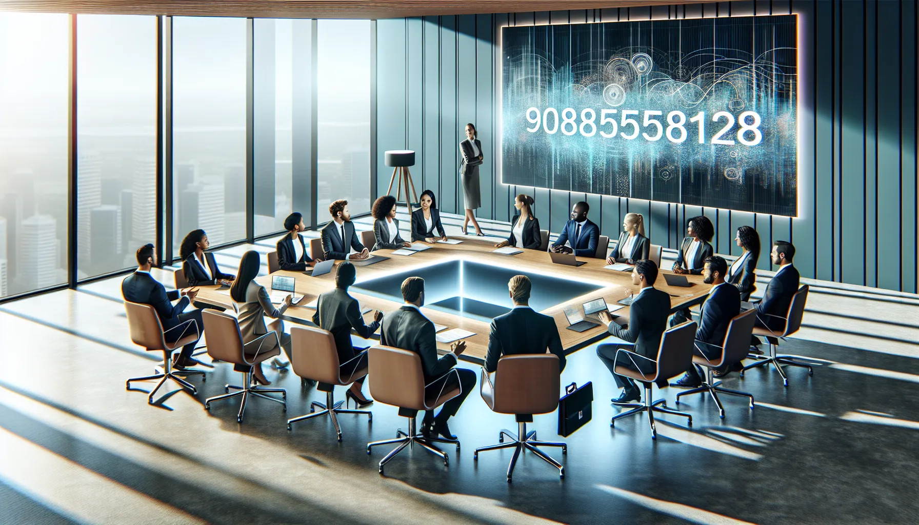 professionals discussing the psychological influence of numbers in a modern office.