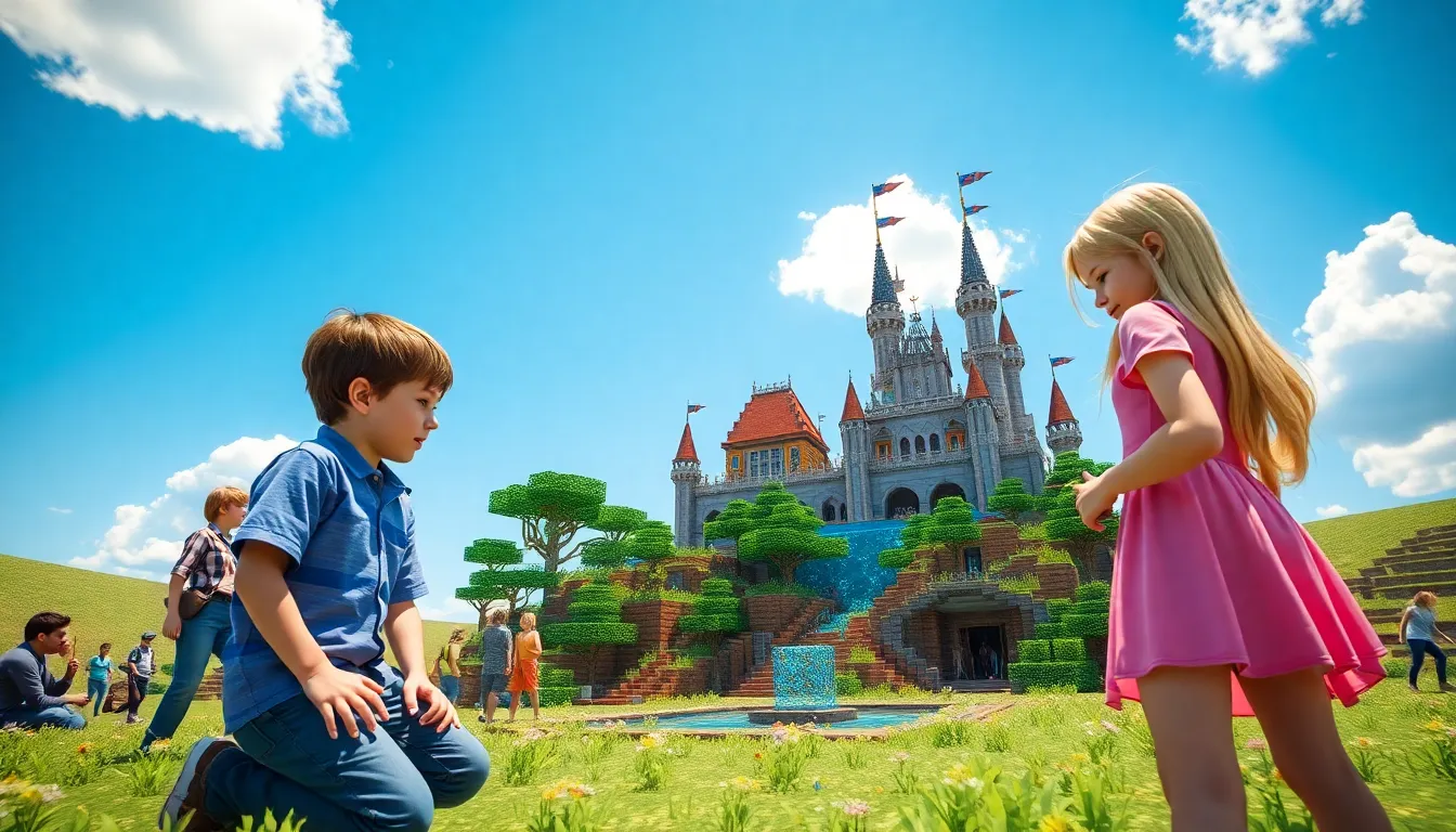 children collaborating on a Minecraft build in a sunny landscape.