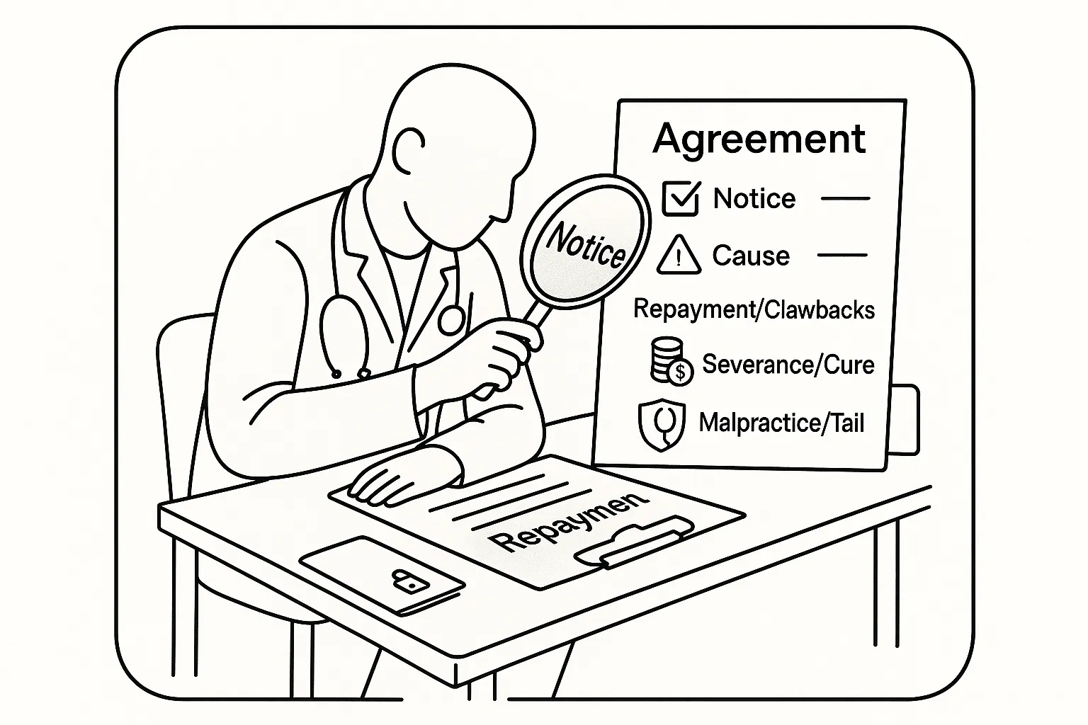 physician assistant reviewing a contract with icons for notice, repayment, and malpractice