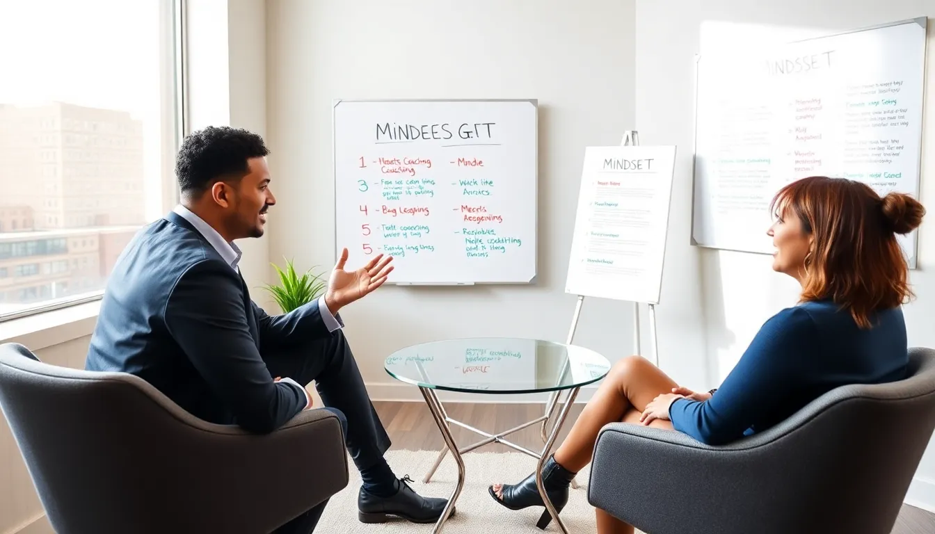 mindset coach discussing techniques with a client in a modern office.