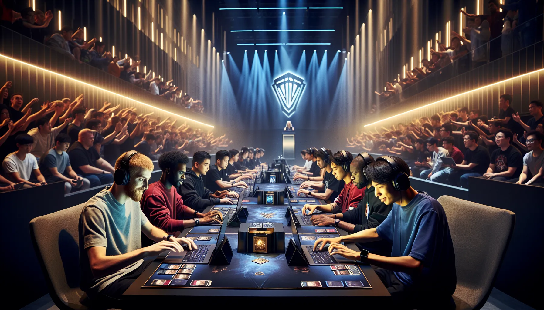 diverse players competing in a Hearthstone tournament.