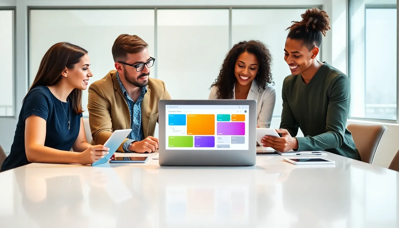 professionals collaborating on low code platform development in a modern office.