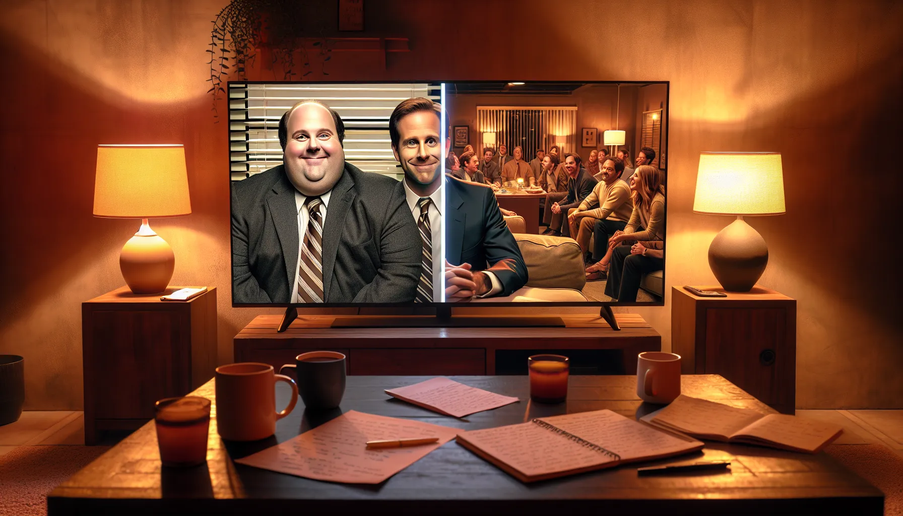 A television screen compares scenes from UK and US versions of 'The Office'.
