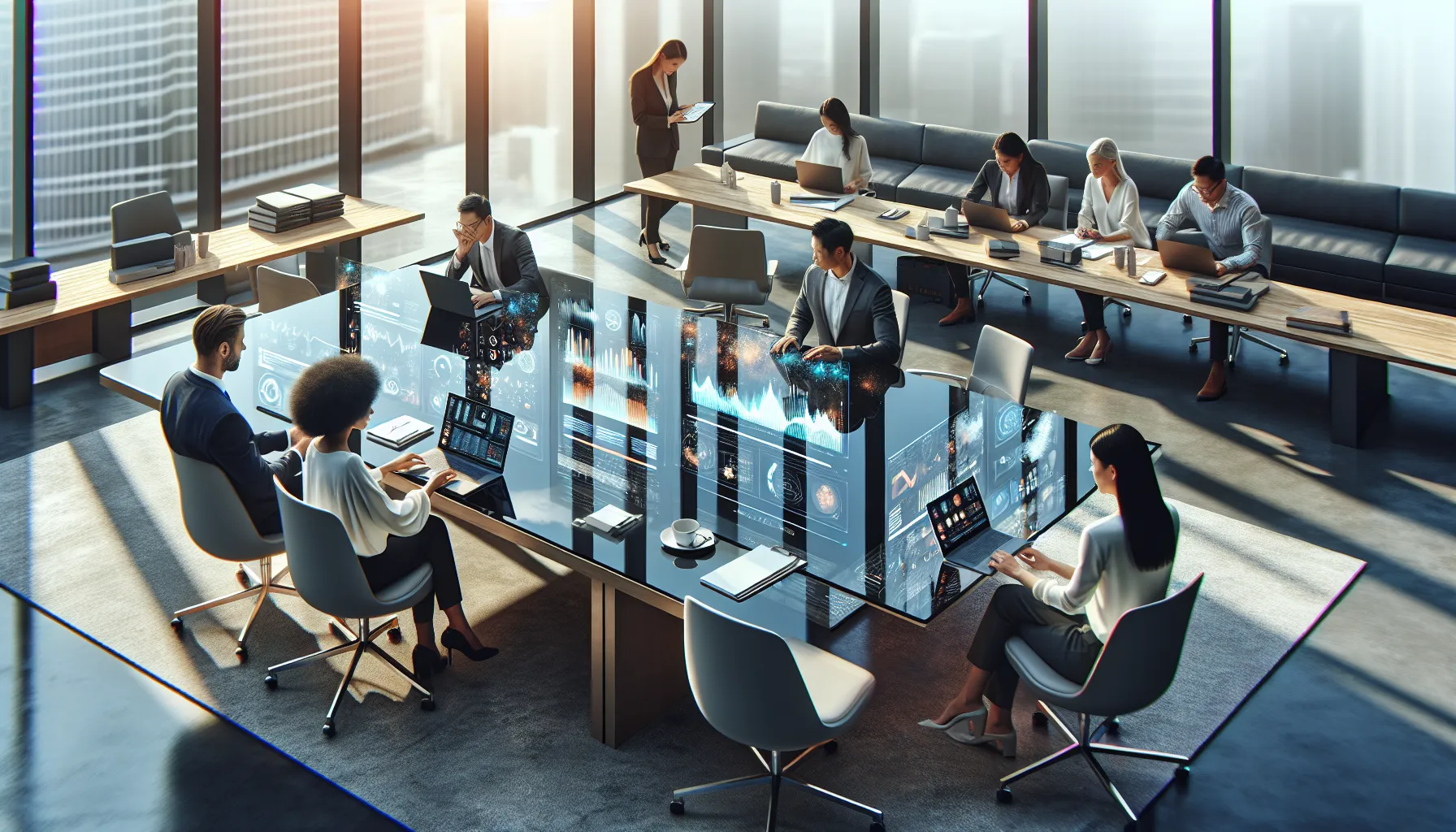 diverse professionals collaborating in a modern office setting.