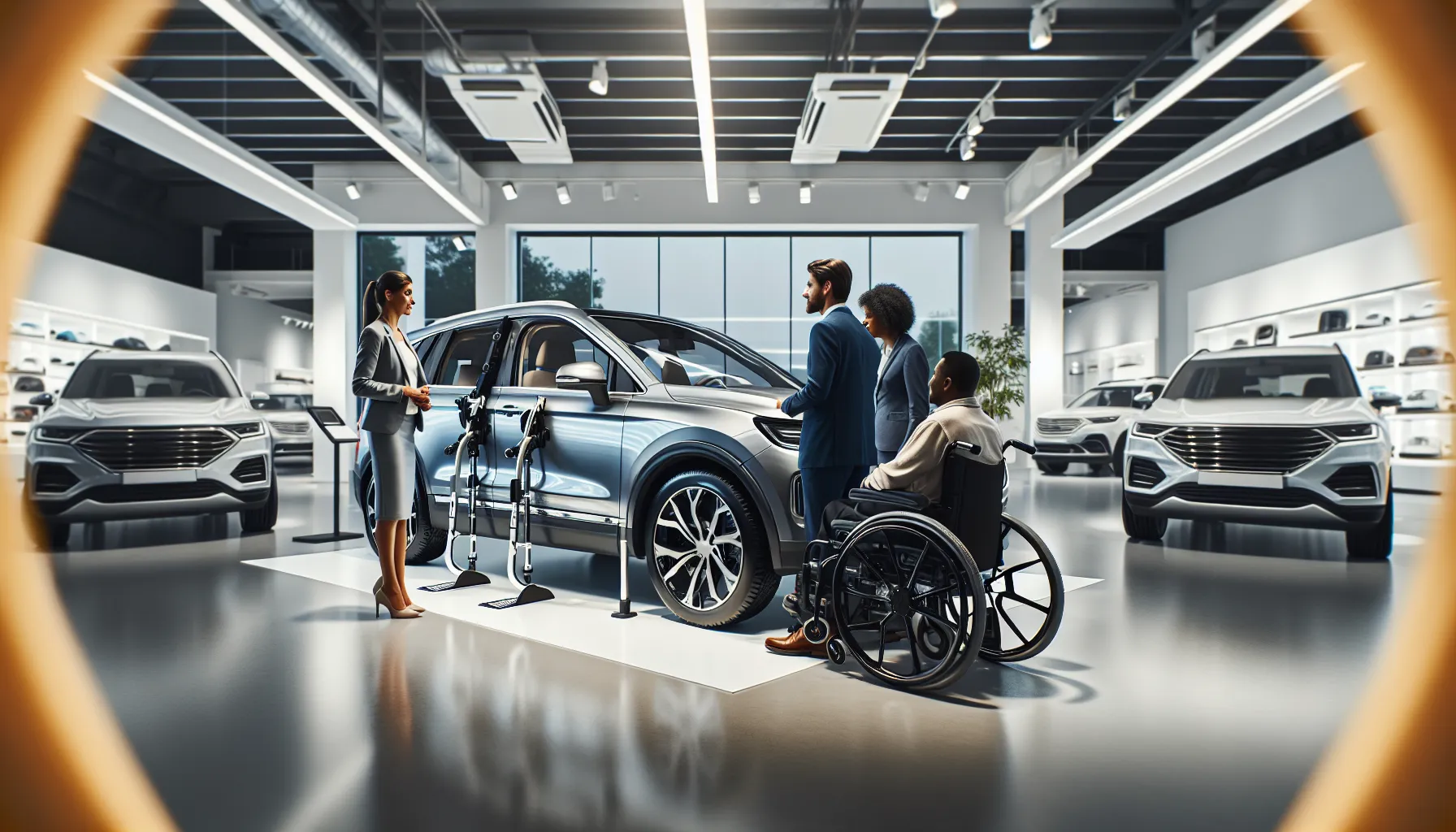 Adapted vehicle showroom with accessibility features and wheelchair user consultation