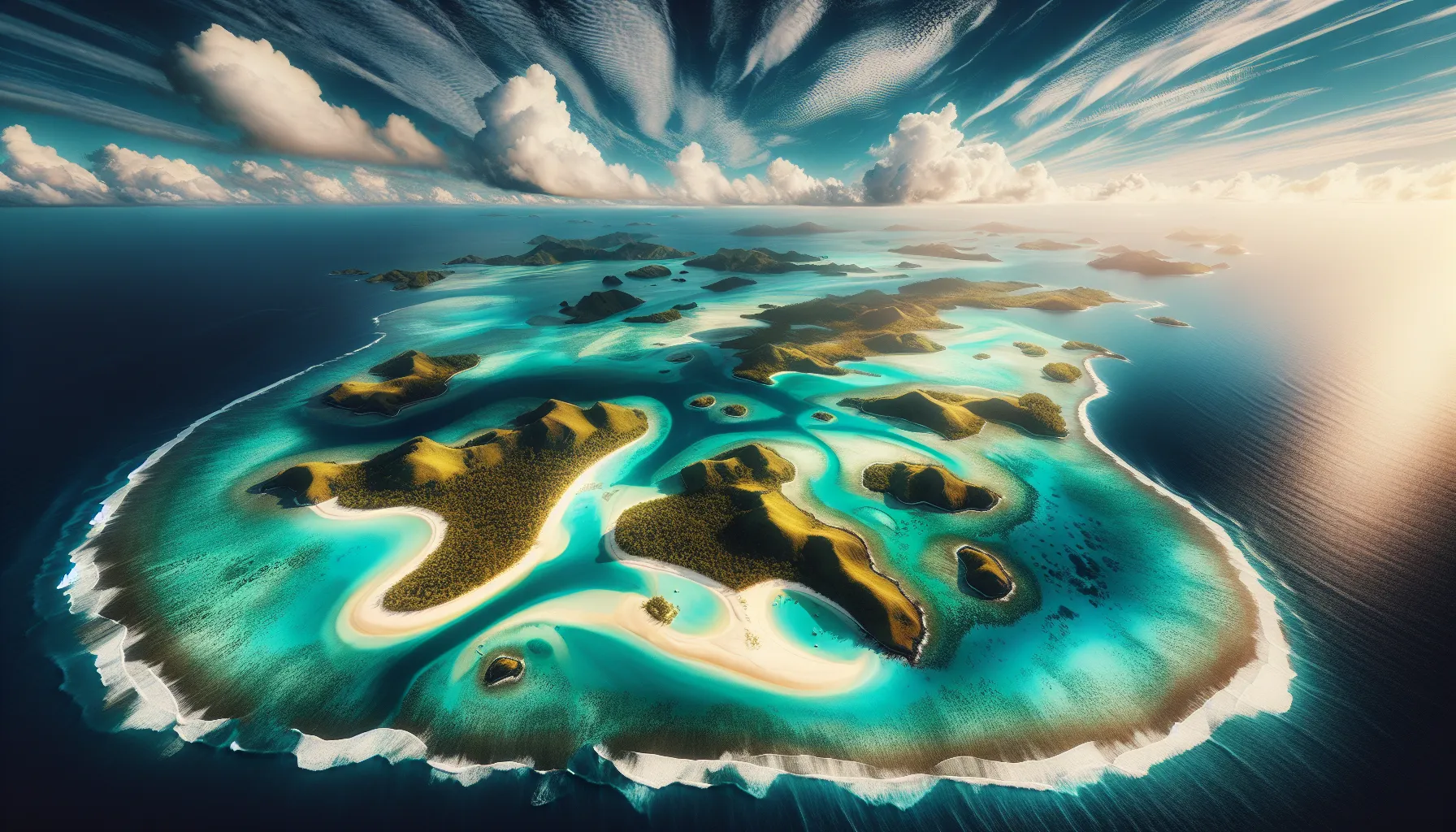 Aerial view of Beevitius Islands with turquoise waters and golden sand beaches.