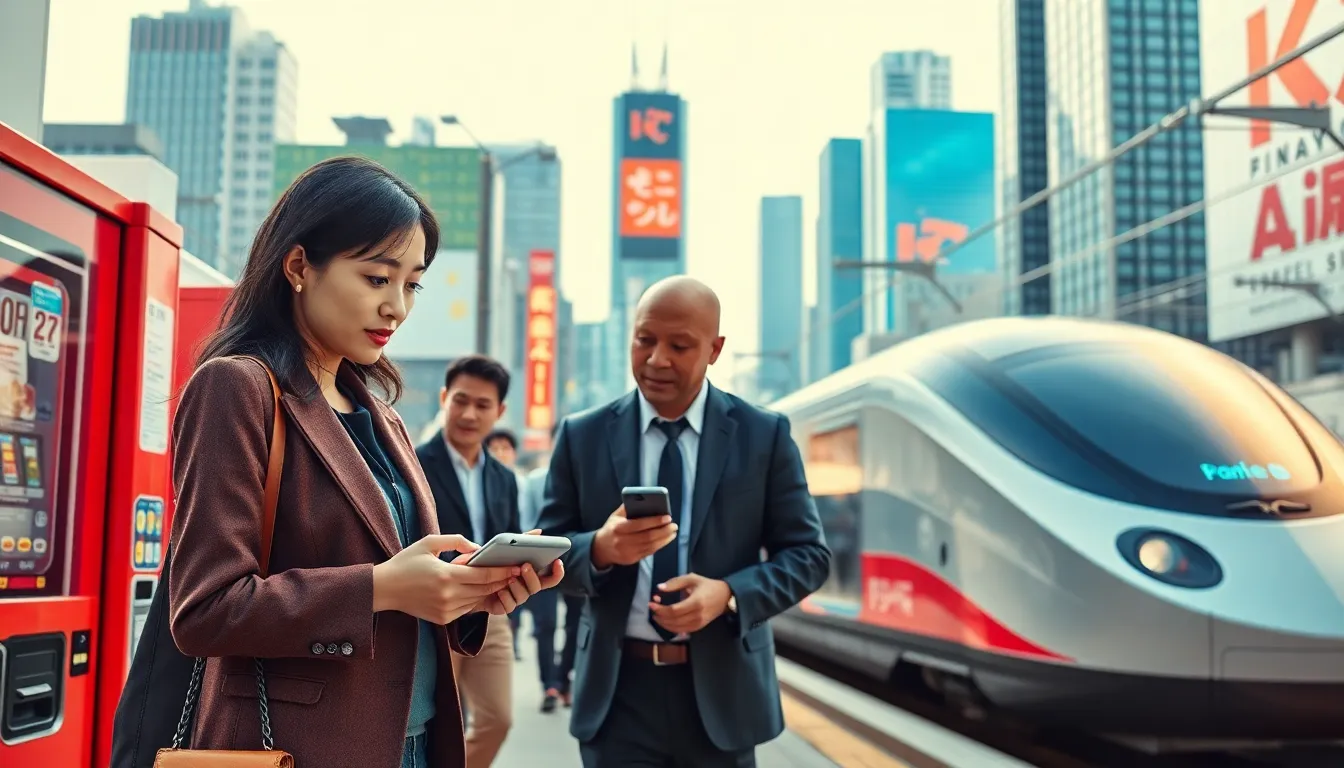 professionals using technology in a modern Japanese urban setting.