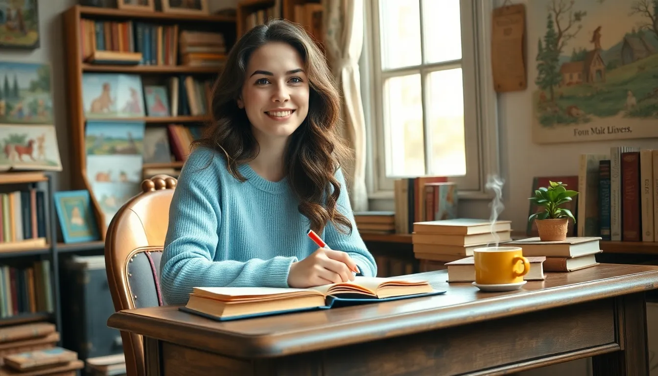 a young woman writing at a desk surrounded by books in a sunlit room.