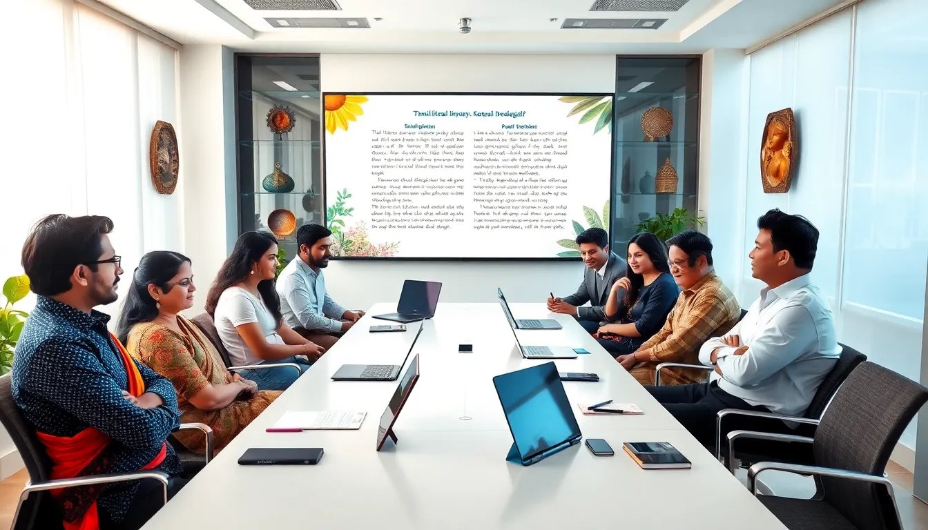 professionals discussing Tamil poetry and culture in a modern office.