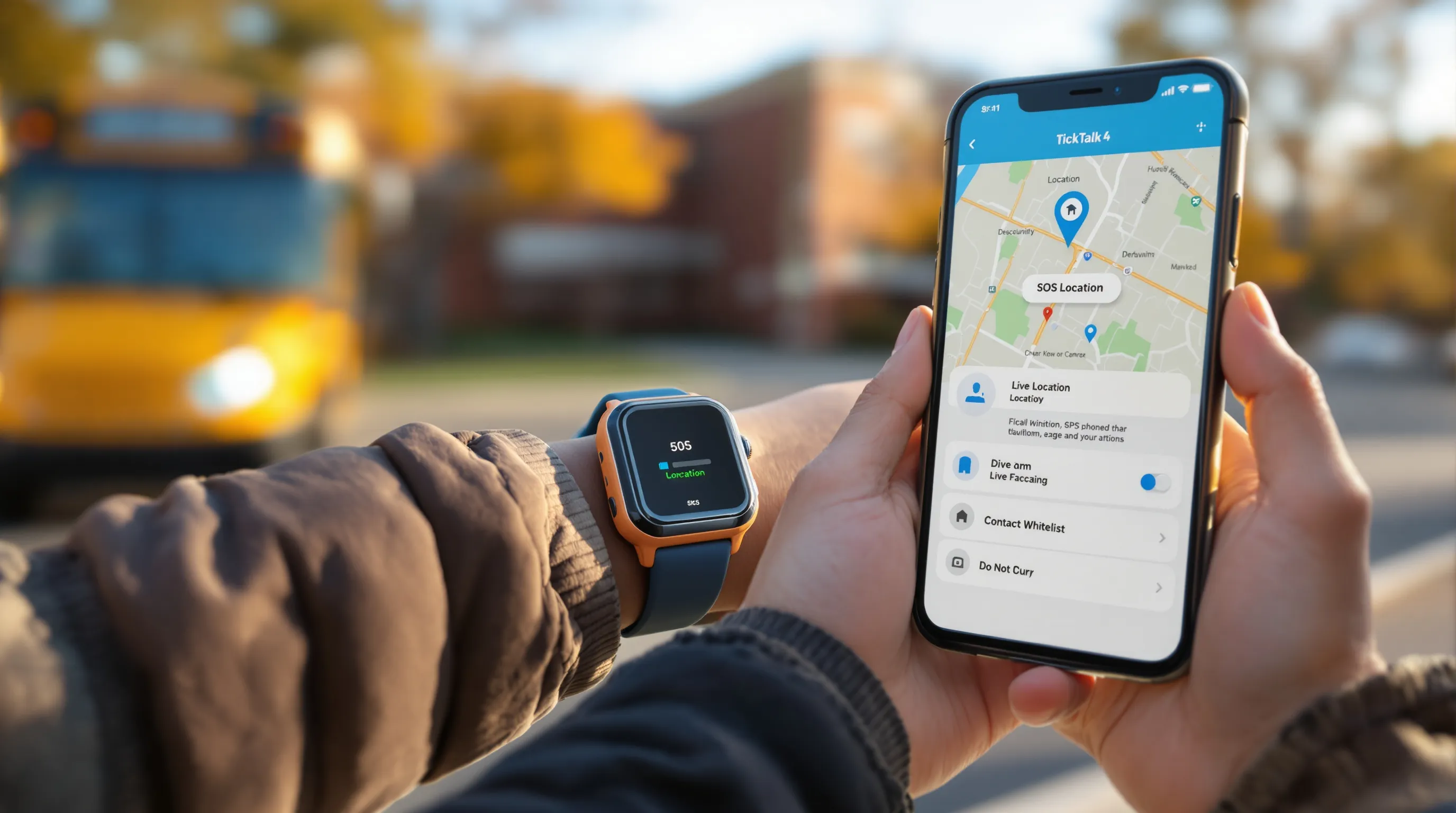 Child wearing rugged GPS smartwatch at school pickup; parent views live location.