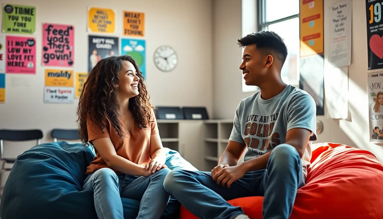 two teens discussing relationship experiences in a school setting.