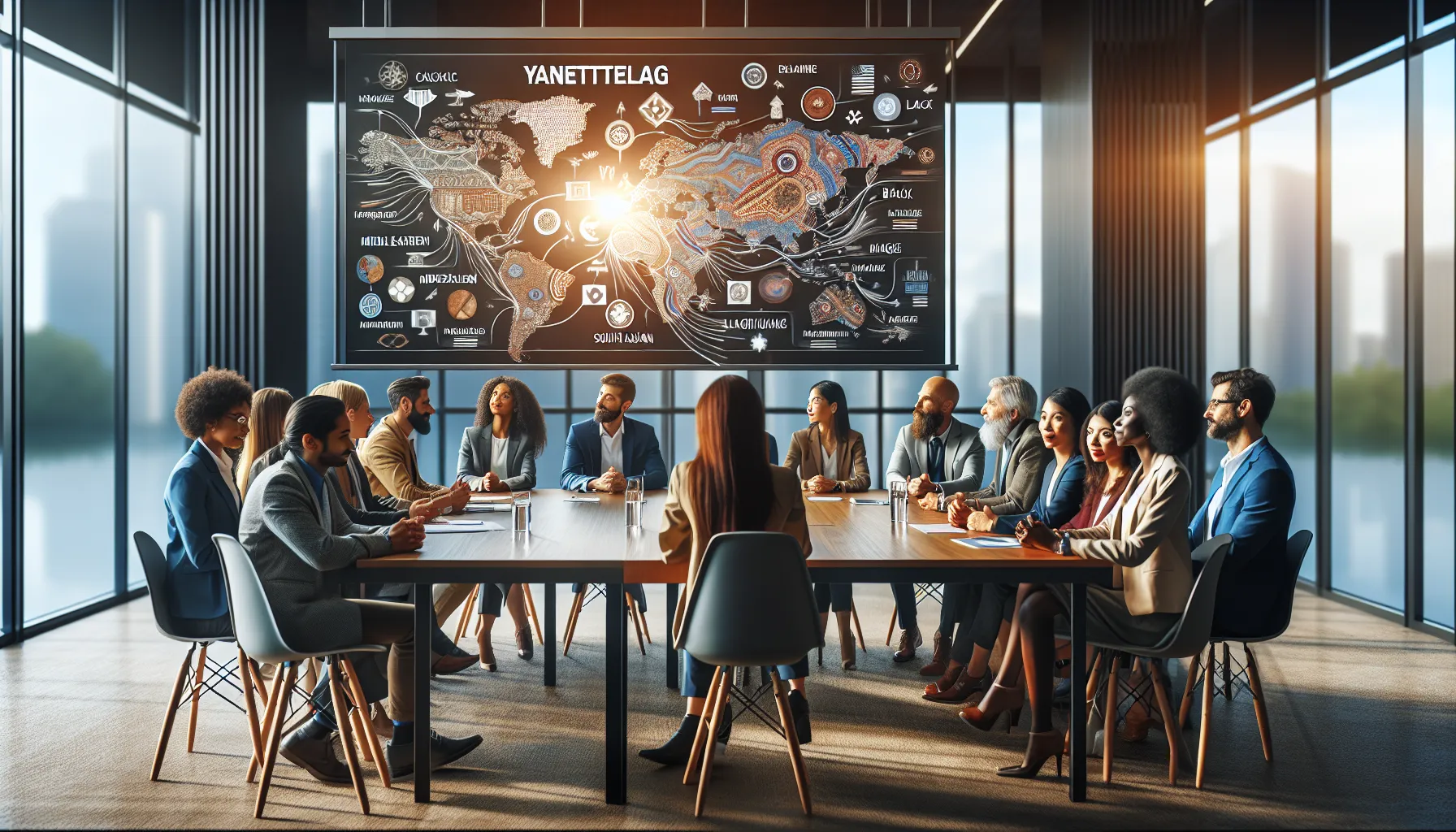 diverse professionals discussing cultural identity in a modern conference room.