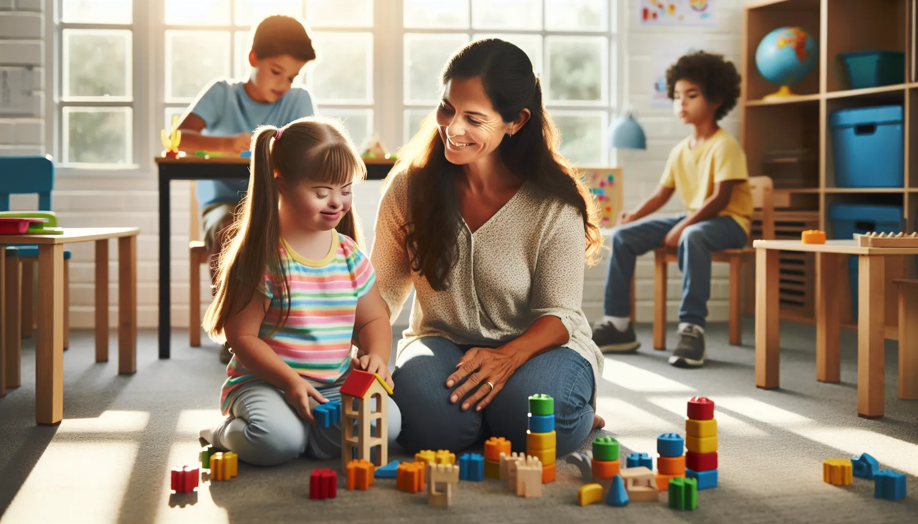 A teacher assists a girl with Down syndrome in a supportive classroom.