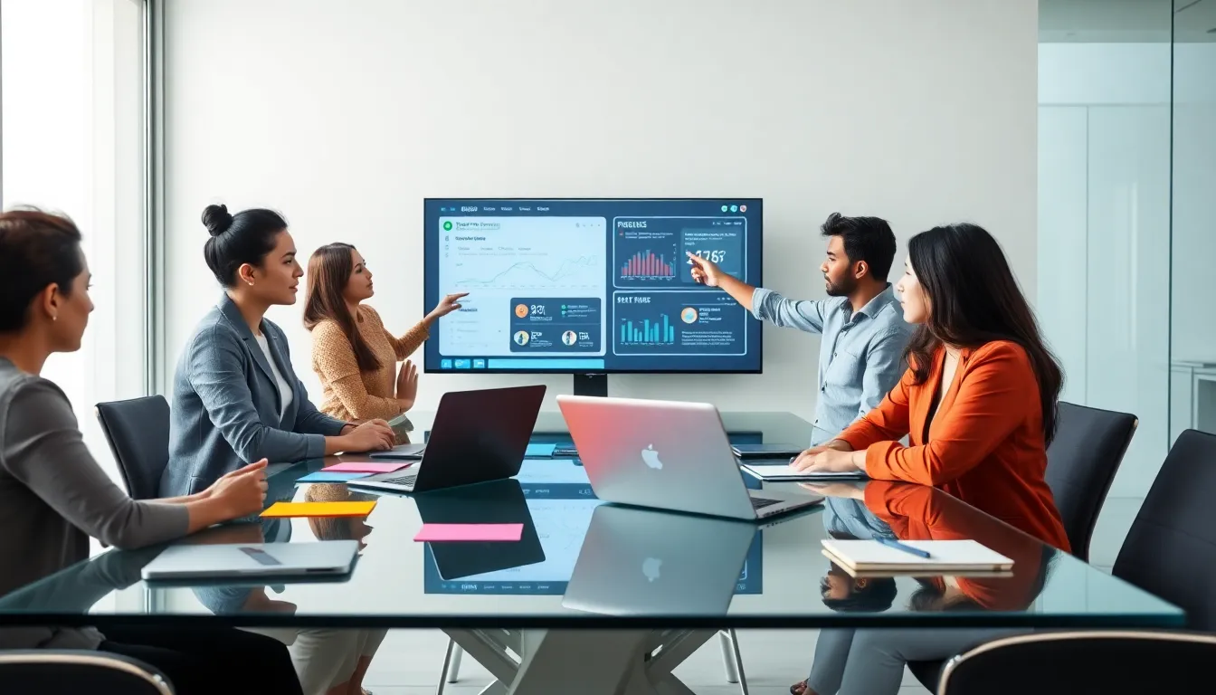 diverse team collaborating in a modern office for online business strategies.