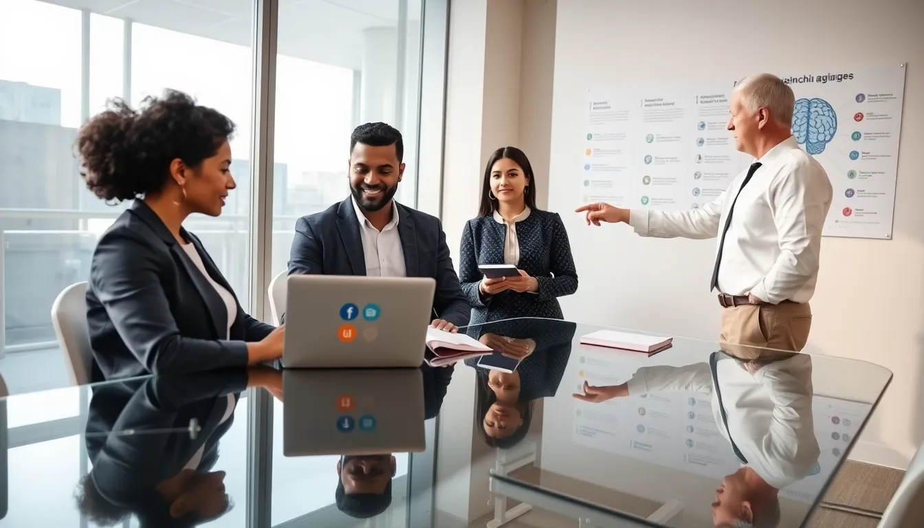 diverse professionals in a modern office learning a foreign language together.