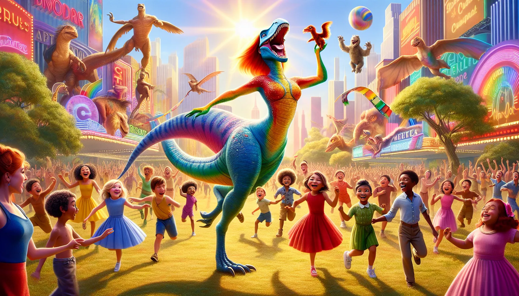 cancasaurs dancing in a colorful park with children.