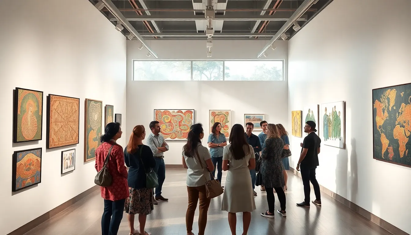 professionals discussing Ashalenee art in a modern gallery setting.