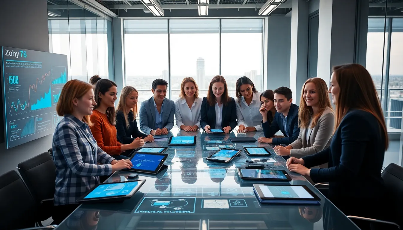 diverse team collaborating on Zohy76 concepts in a modern office.