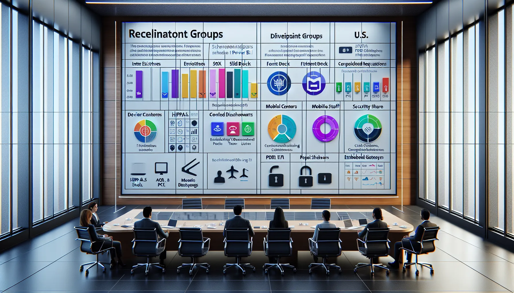 Team reviews Power BI sharing matrix with compliance and delivery options in a modern office.