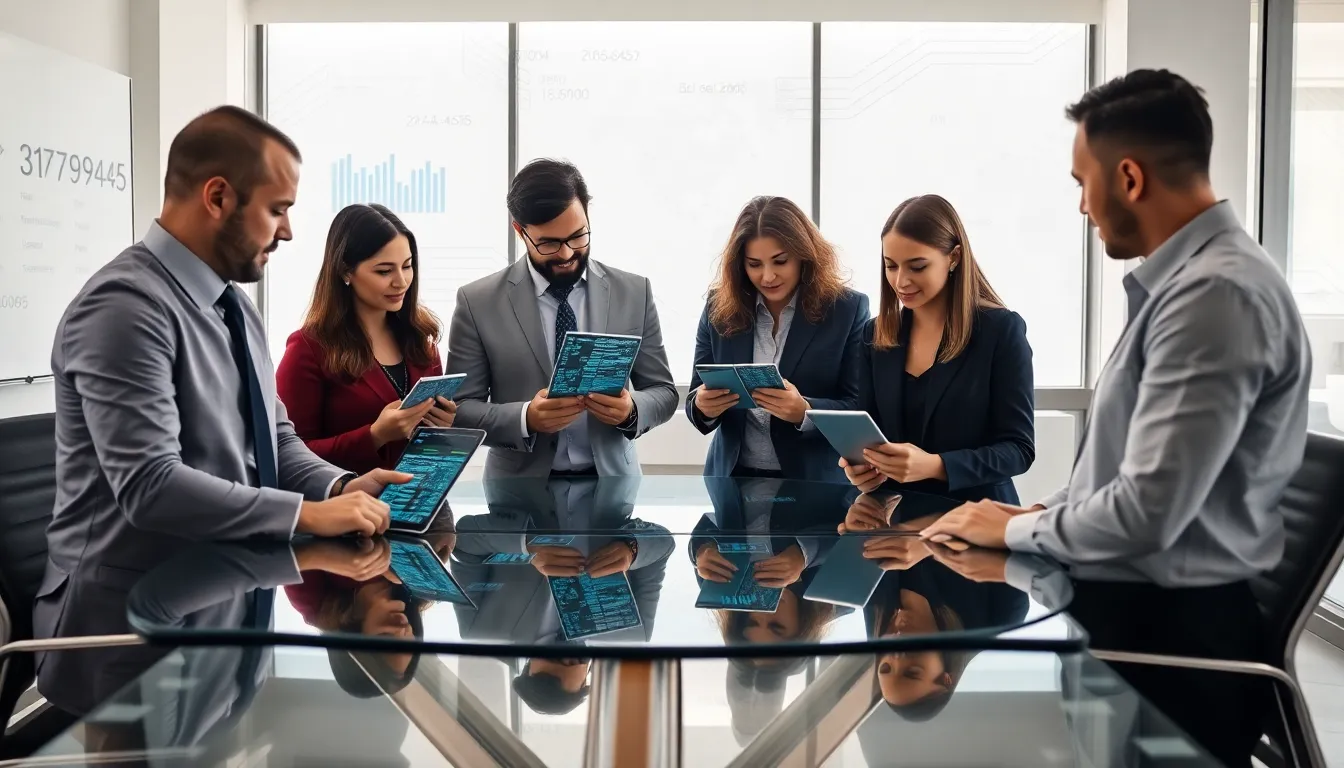 diverse team collaborating over data in a modern office.