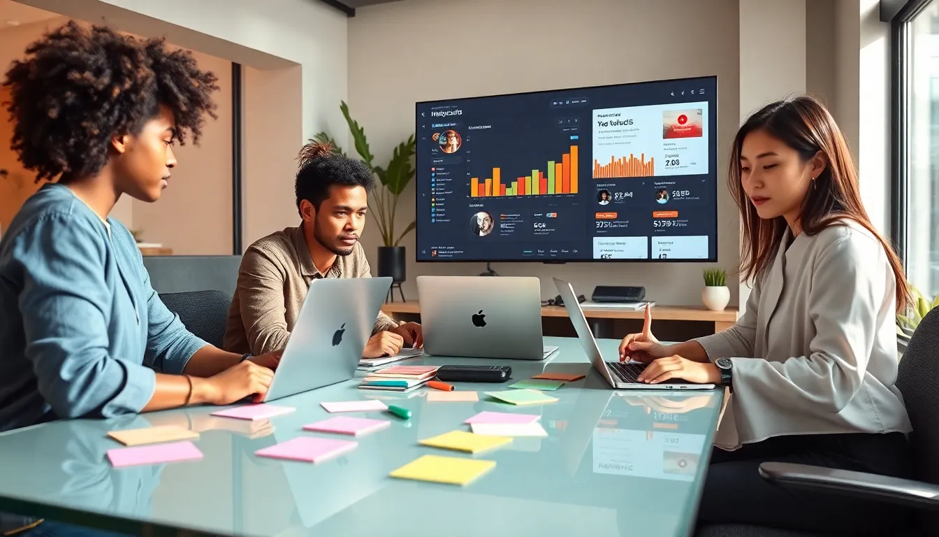 diverse content creators collaborating in a modern workspace.